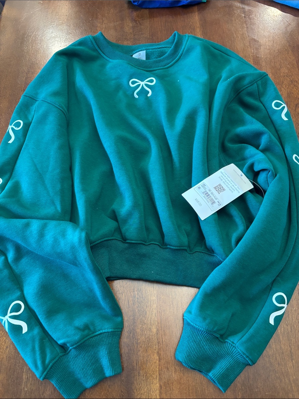 Cropped Teal Sweatshirt with White Bow Accents - Women
